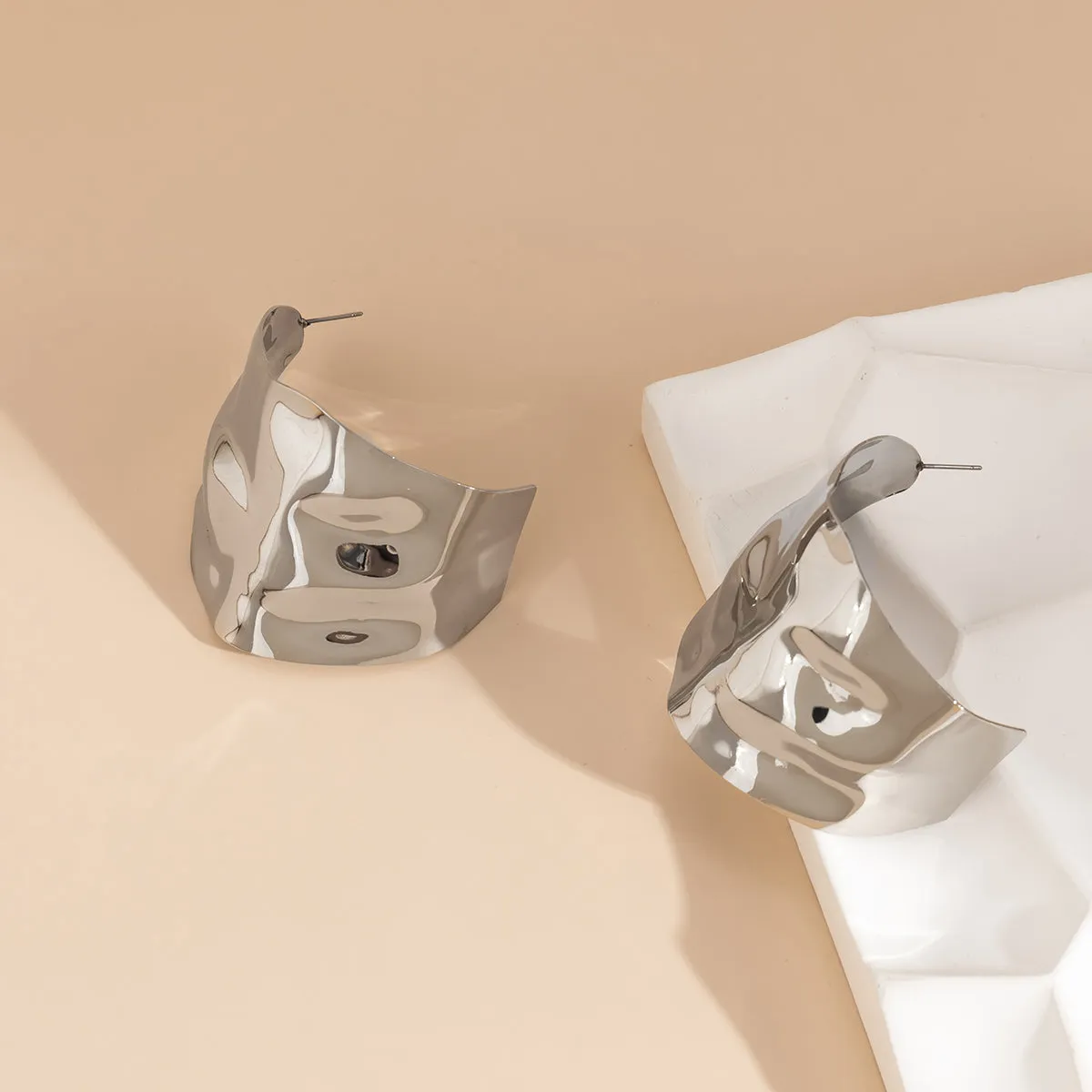 Silver-Plated Textured Wide Huggie Earrings