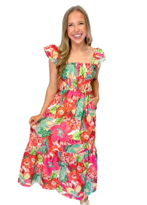 Smocked Floral Print Maxi Dress