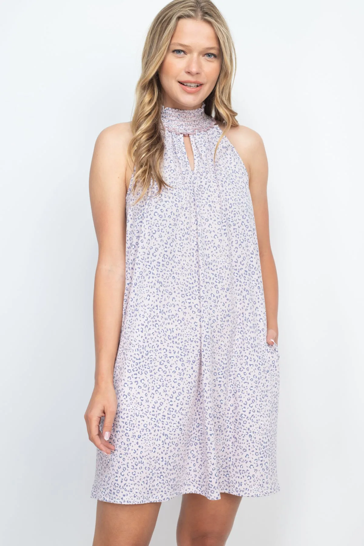 Smocked Halter Keyhole Neckline Leopard Swing