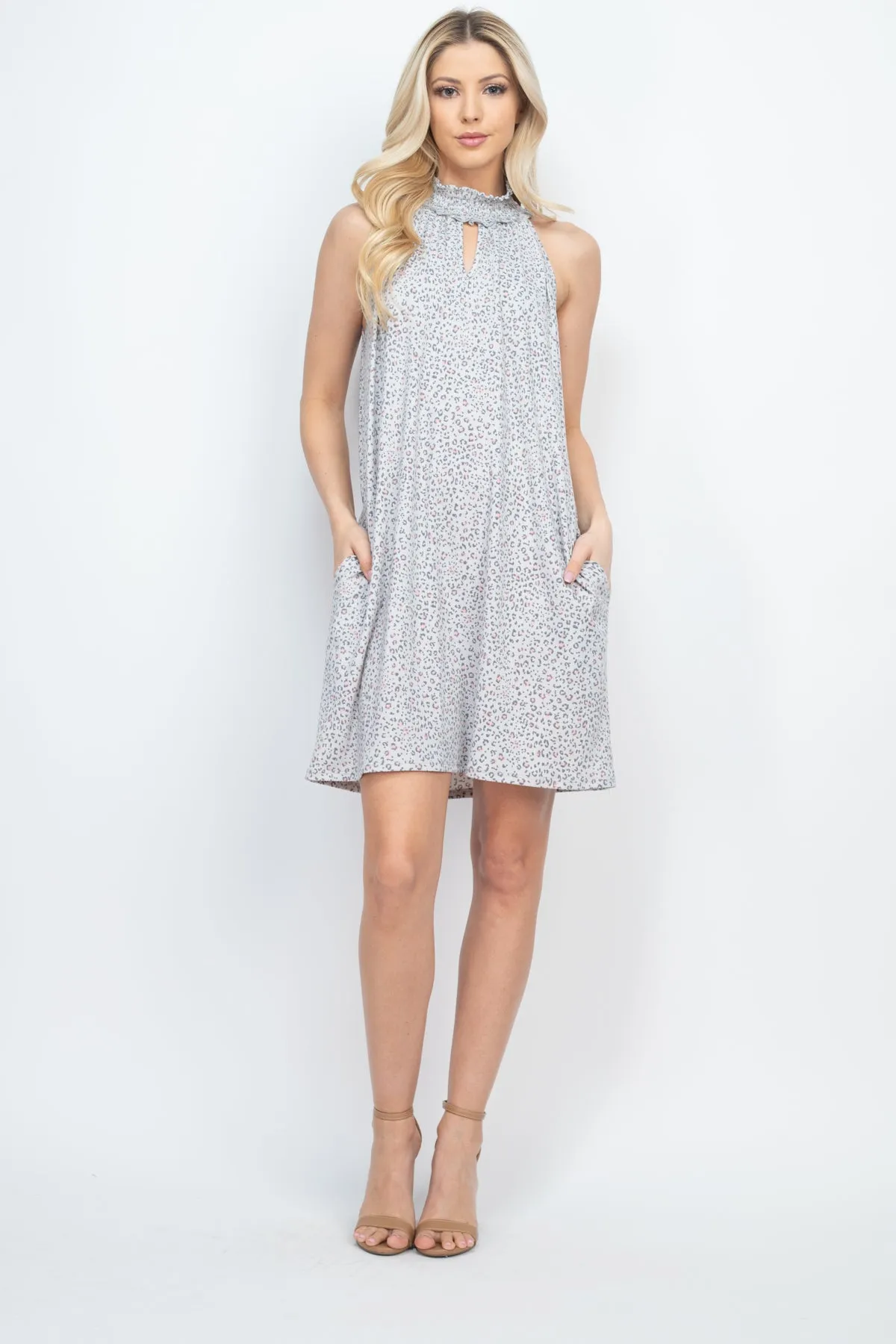Smocked Halter Keyhole Neckline Leopard Swing