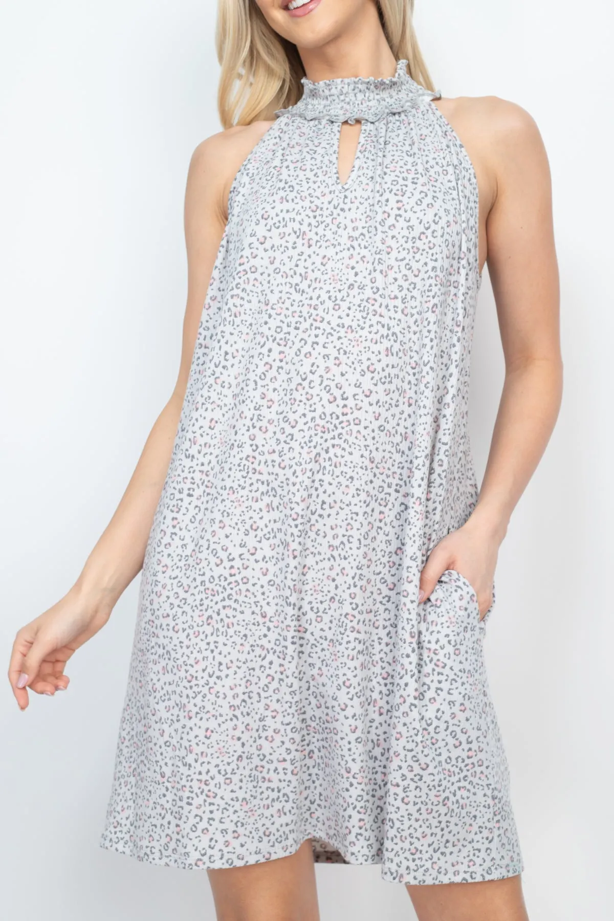 Smocked Halter Keyhole Neckline Leopard Swing
