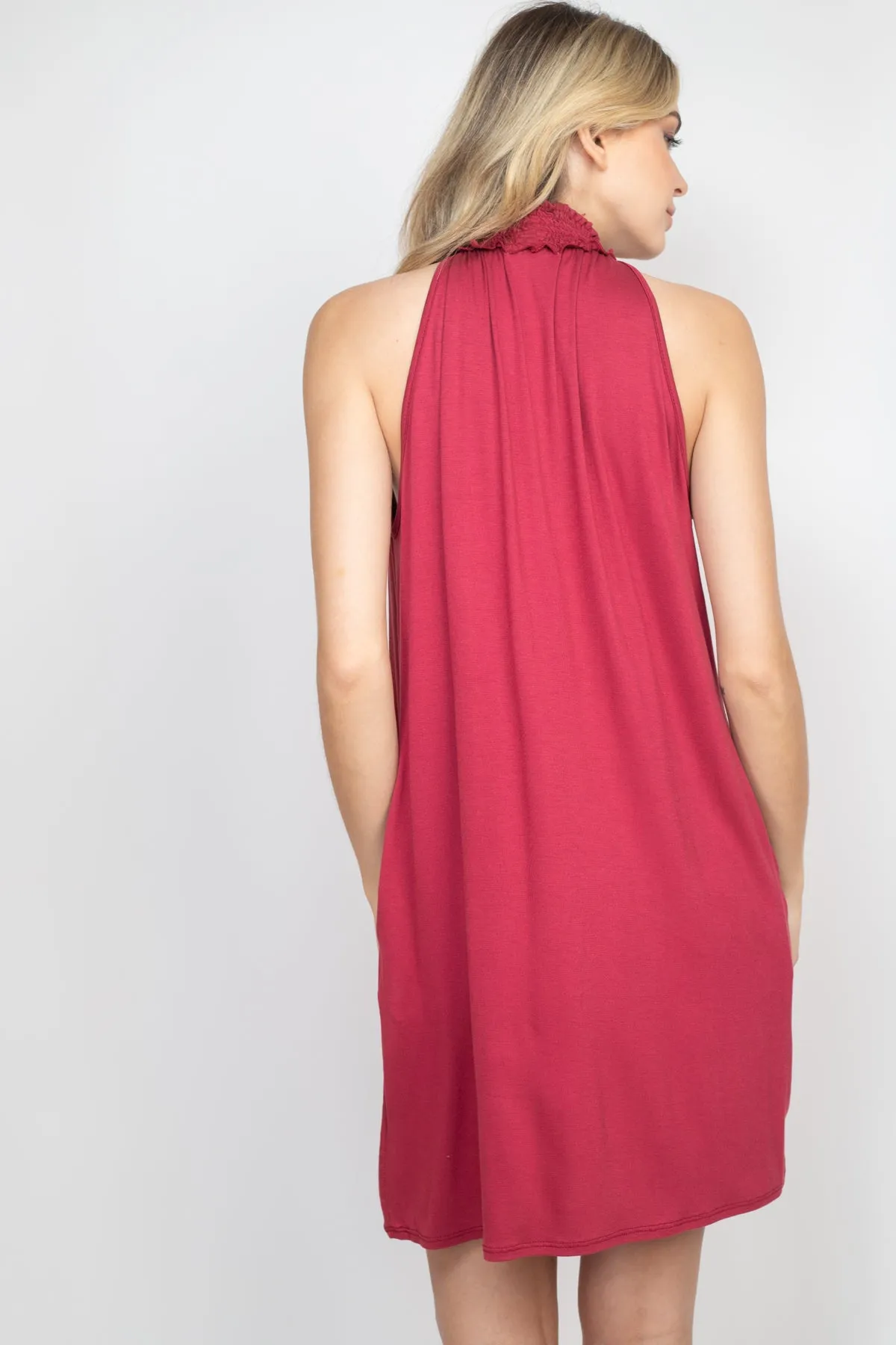 Smocked Halter Neckline Keyhole Jersey Dress