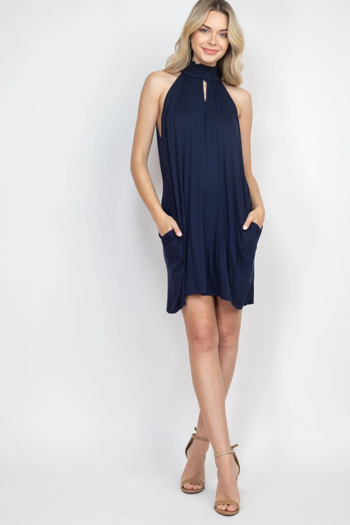 Smocked Halter Neckline Keyhole Jersey Dress
