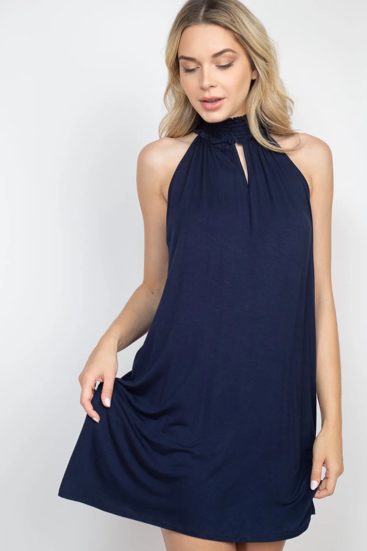 Smocked Halter Neckline Keyhole Jersey Dress