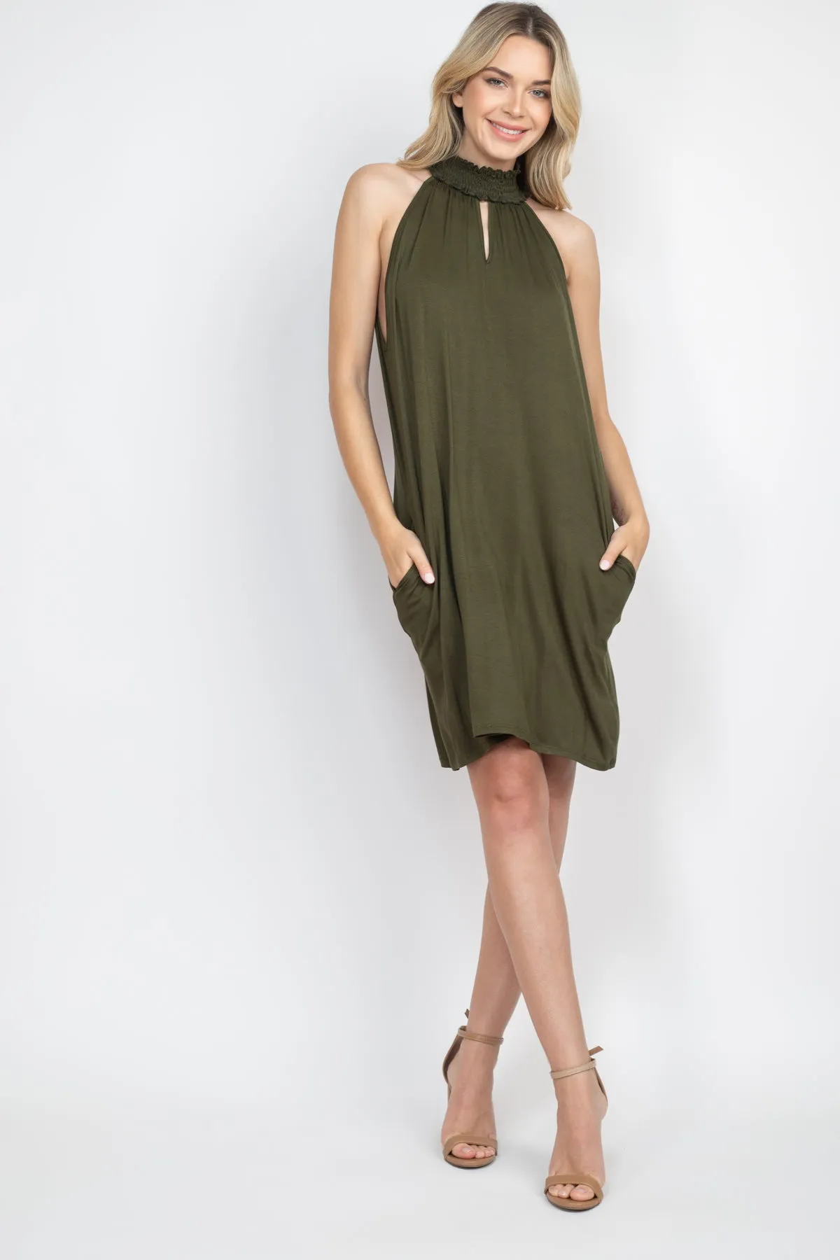 Smocked Halter Neckline Keyhole Jersey Dress