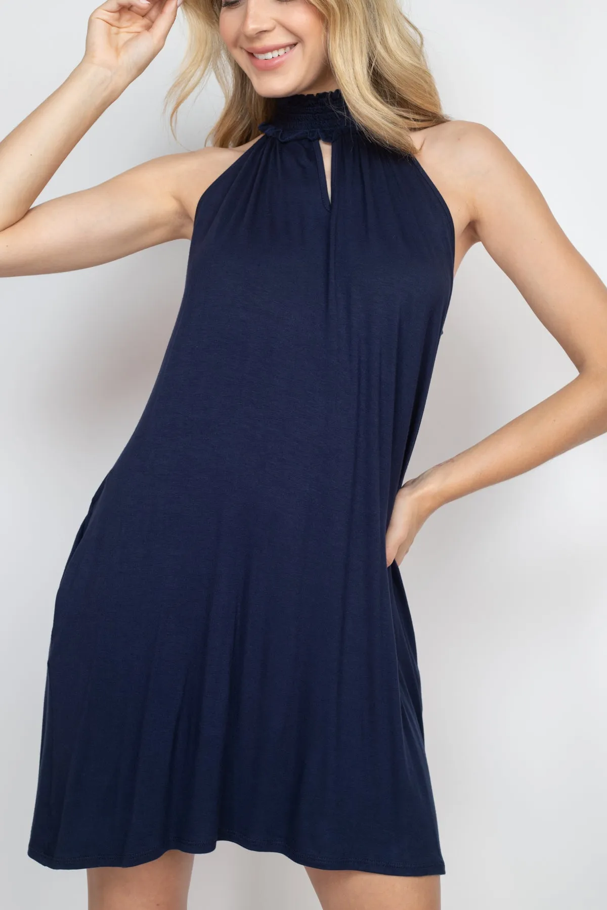 Smocked Halter Neckline Keyhole Jersey Dress
