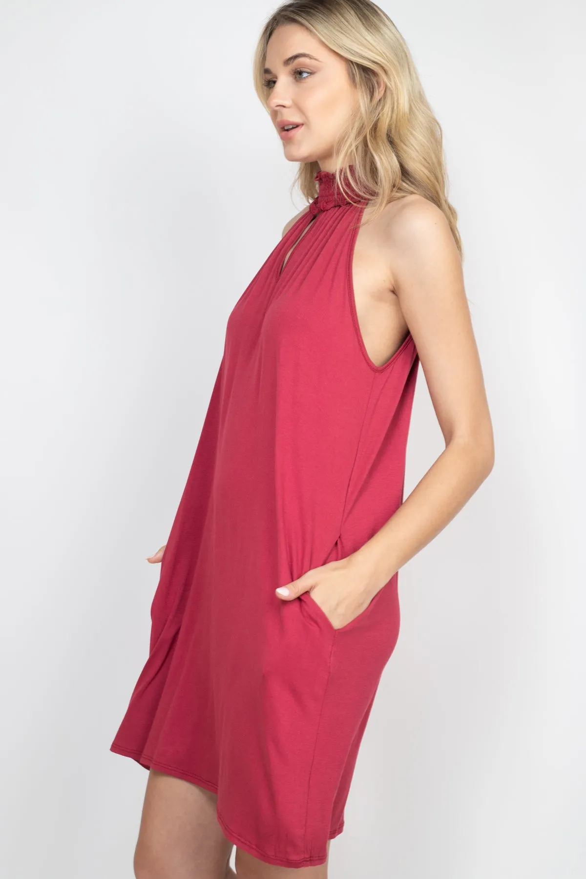 Smocked Halter Neckline Keyhole Jersey Dress