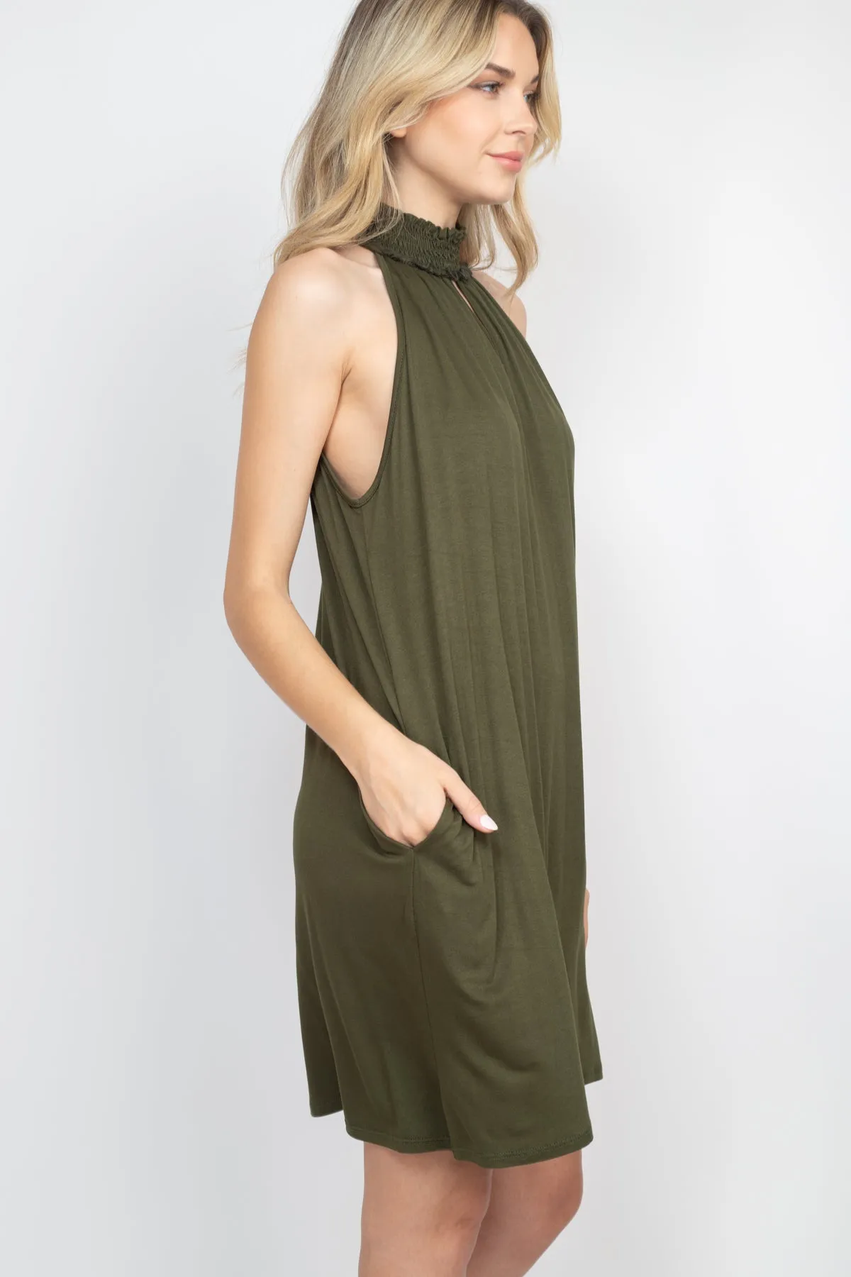 Smocked Halter Neckline Keyhole Jersey Dress
