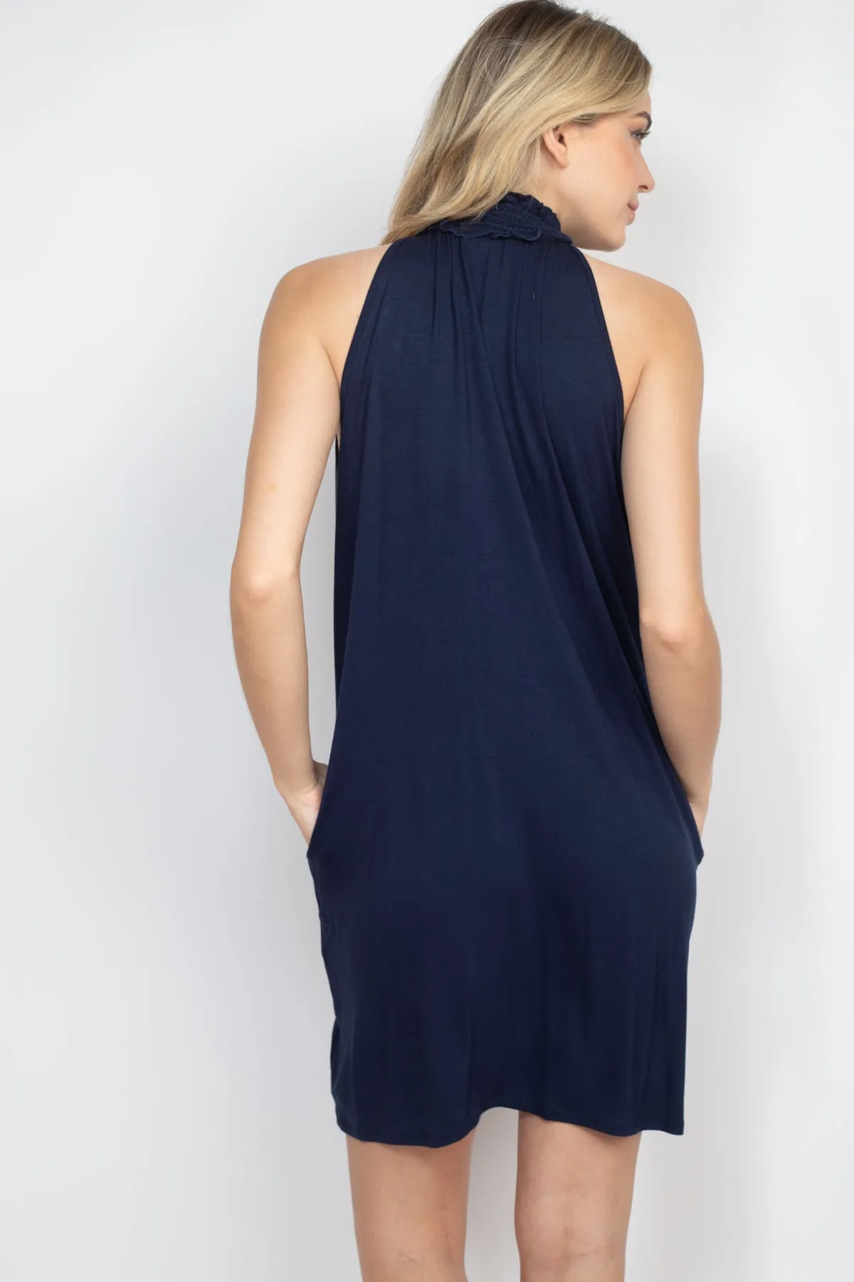 Smocked Halter Neckline Keyhole Jersey Dress