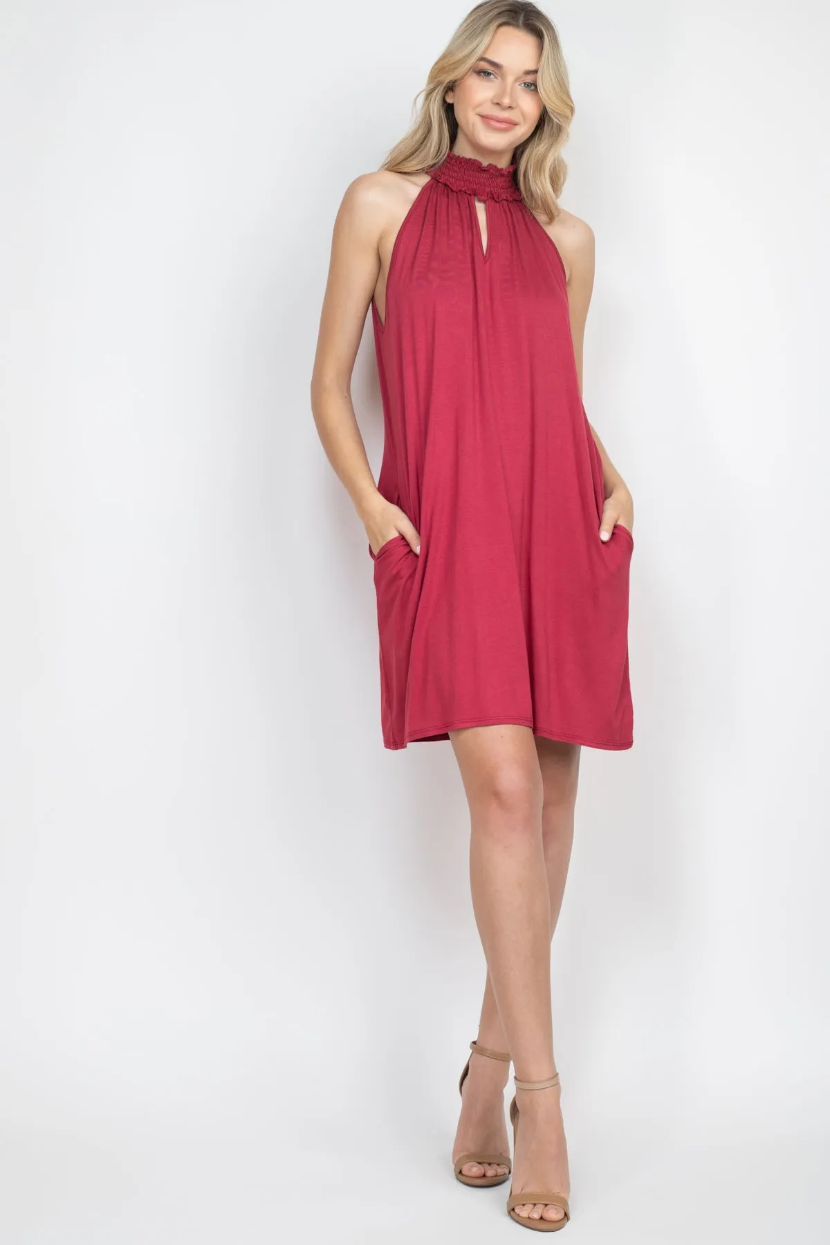 Smocked Halter Neckline Keyhole Jersey Dress