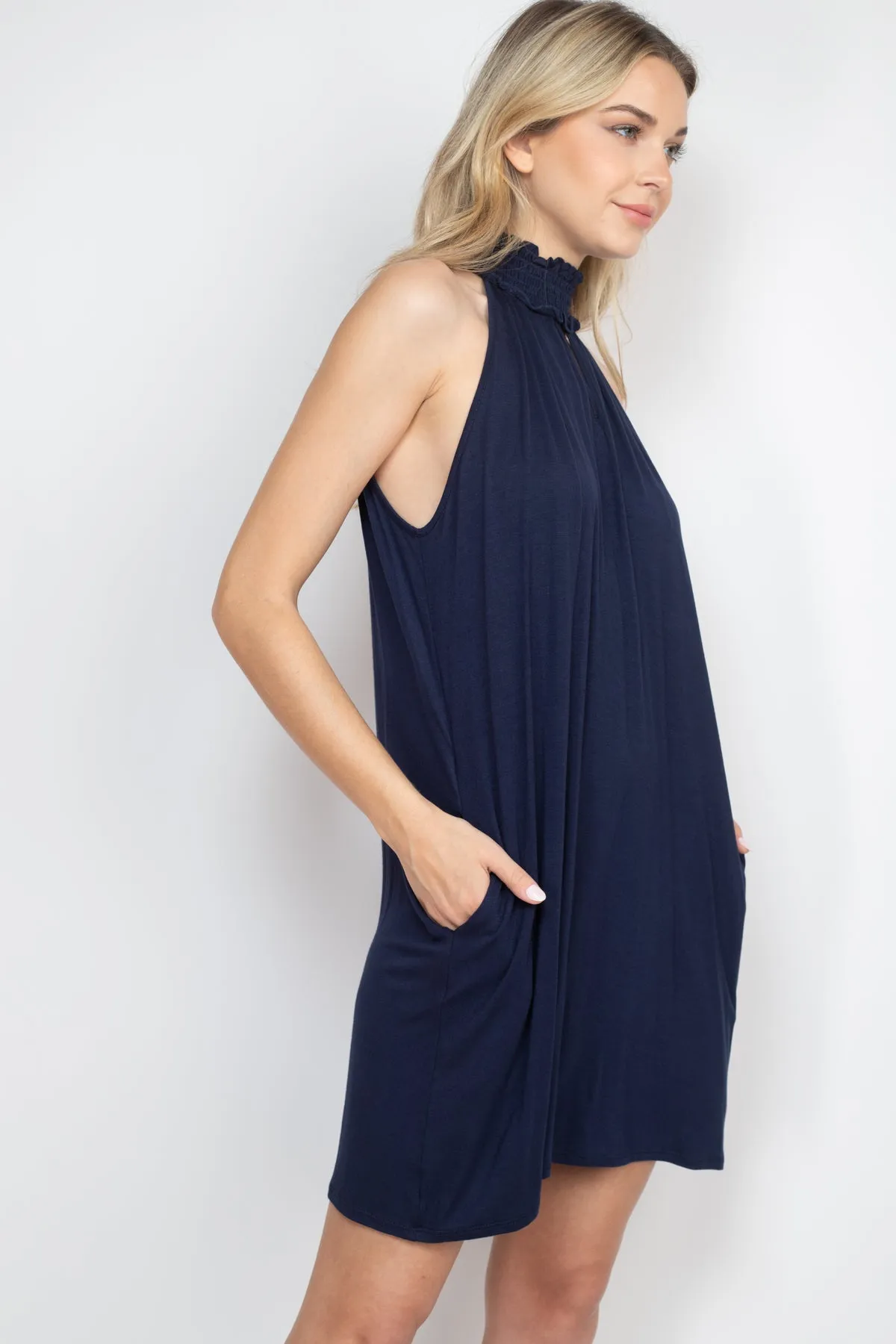 Smocked Halter Neckline Keyhole Jersey Dress