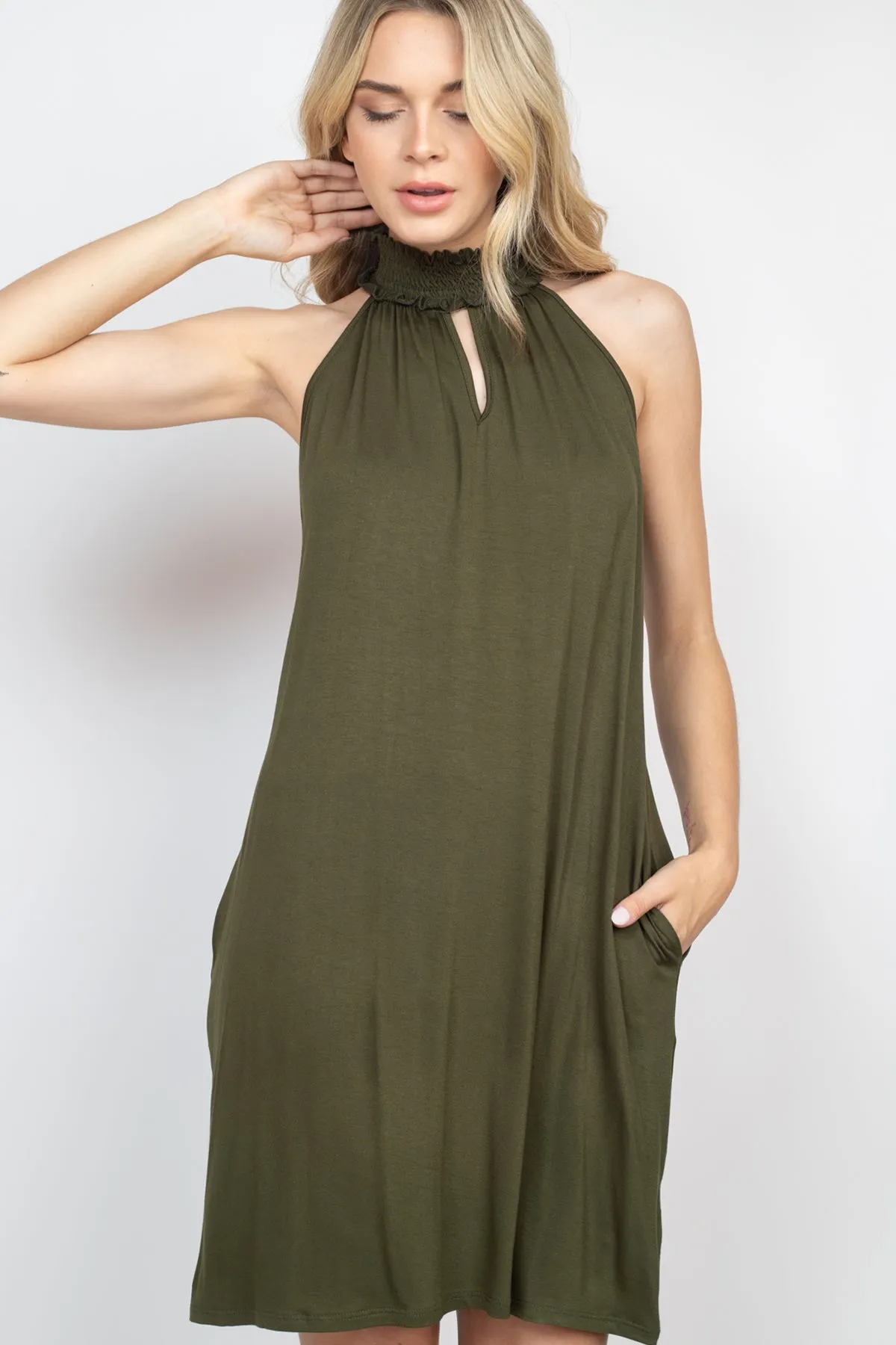 Smocked Halter Neckline Keyhole Jersey Dress