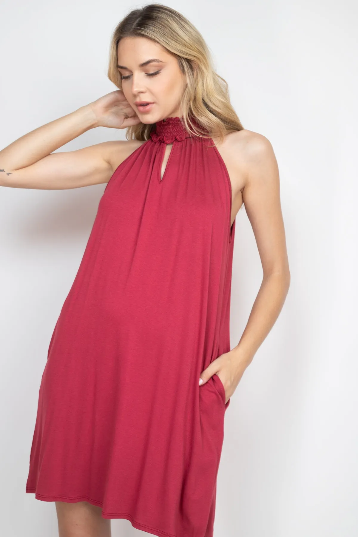 Smocked Halter Neckline Keyhole Jersey Dress