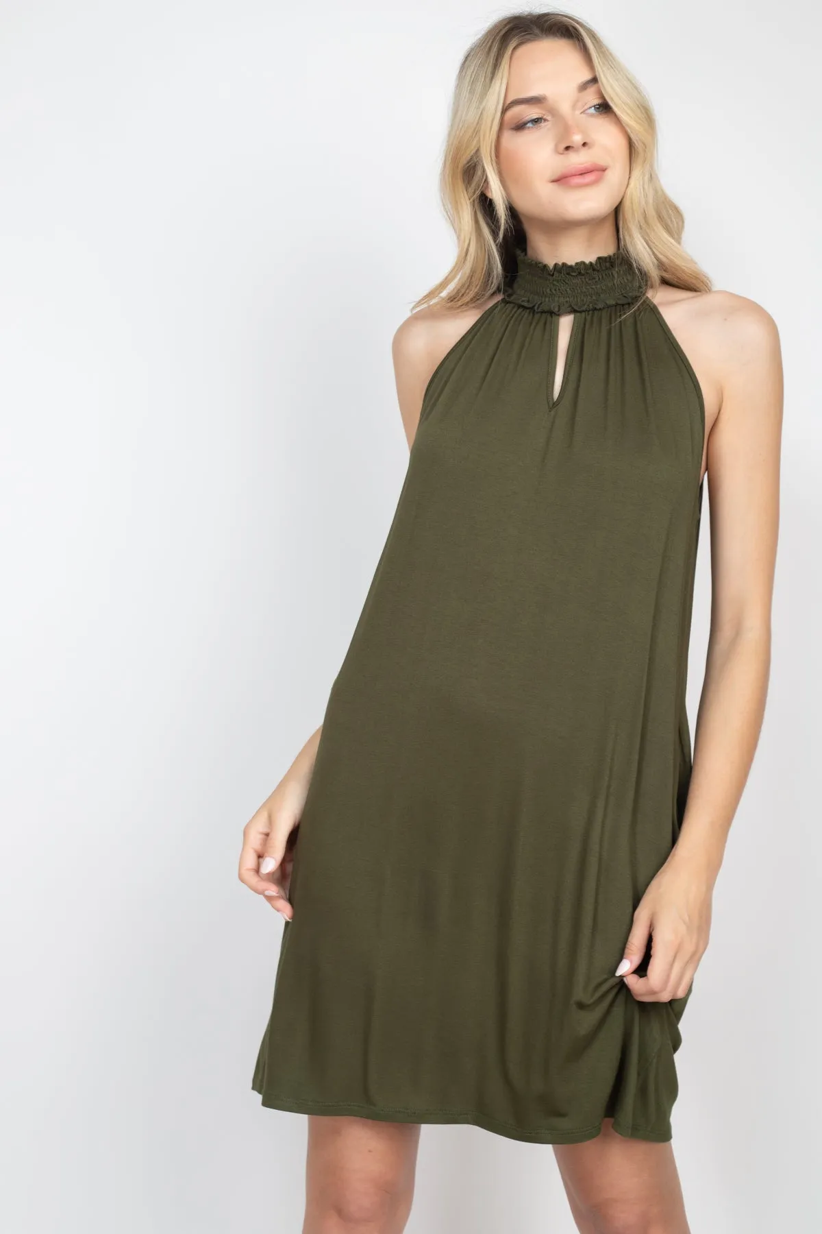Smocked Halter Neckline Keyhole Jersey Dress