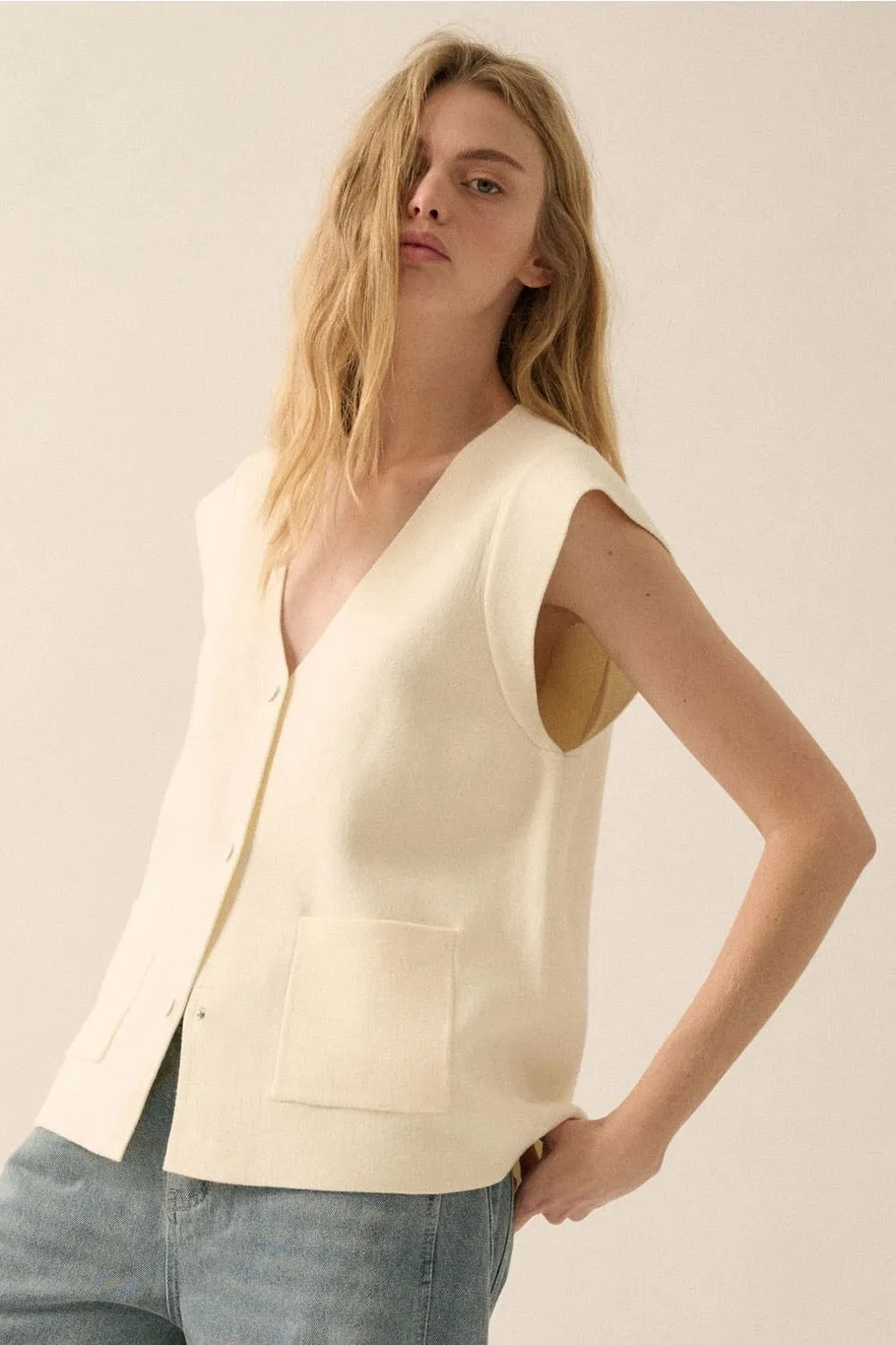 Solid V-Neck Cap-Sleeve Button-Front Cardigan