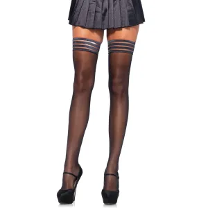 Spandex Sheer Thigh Highs With Striped Silicone Stay Up Top O/S Black