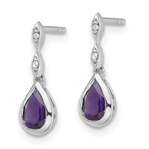 Sterling Silver White Ice Diamond and Amethyst Teardrop Earrings