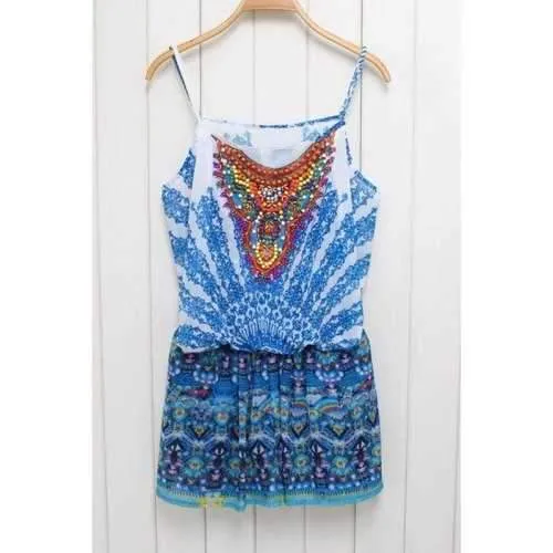 Stylish Cami Ethnic Print Beaded Women's Playsuit - Blue S