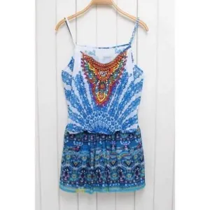 Stylish Cami Ethnic Print Beaded Women's Playsuit - Blue S