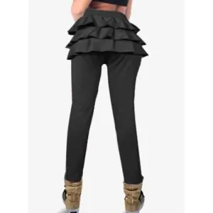 Stylish Mid-Waisted Solid Color Flounced Women's Leggings - Black Xl