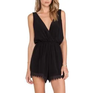 Stylish Plunging Neck Sleeveless Lace Spliced Women's Playsuit - Black M