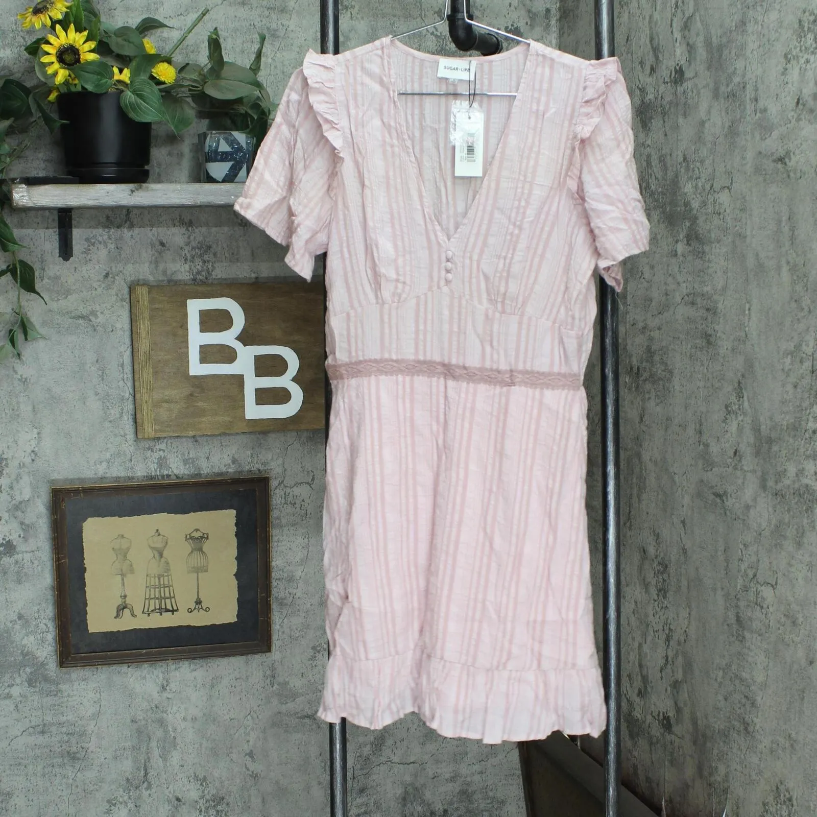 Sugar Lips Womens Aphrodites Striped Flutter Sleeve Mini Casual Dress Pink M