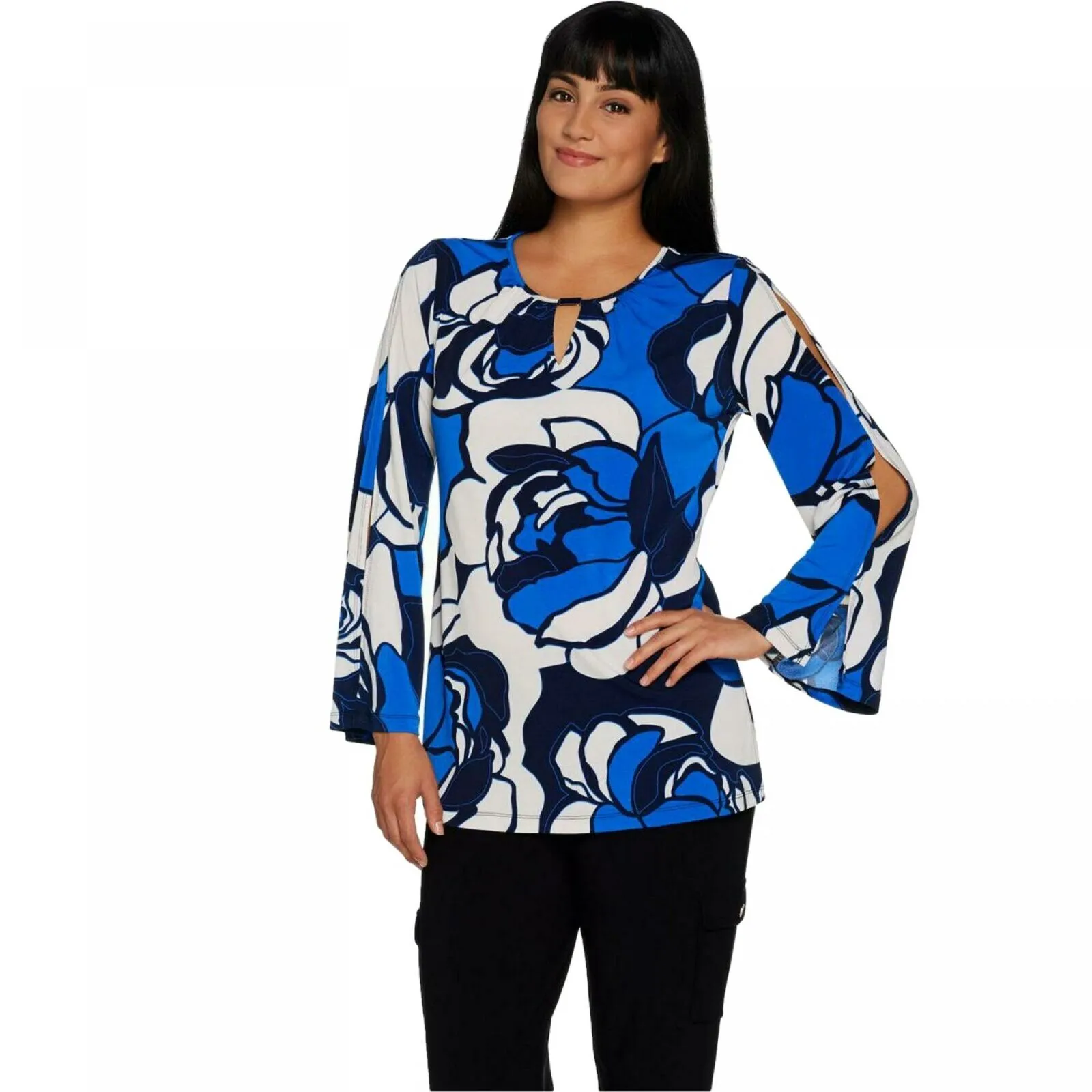 Susan Graver Women's Keyhole Sleeve Slit Textured Knit Tunic Top