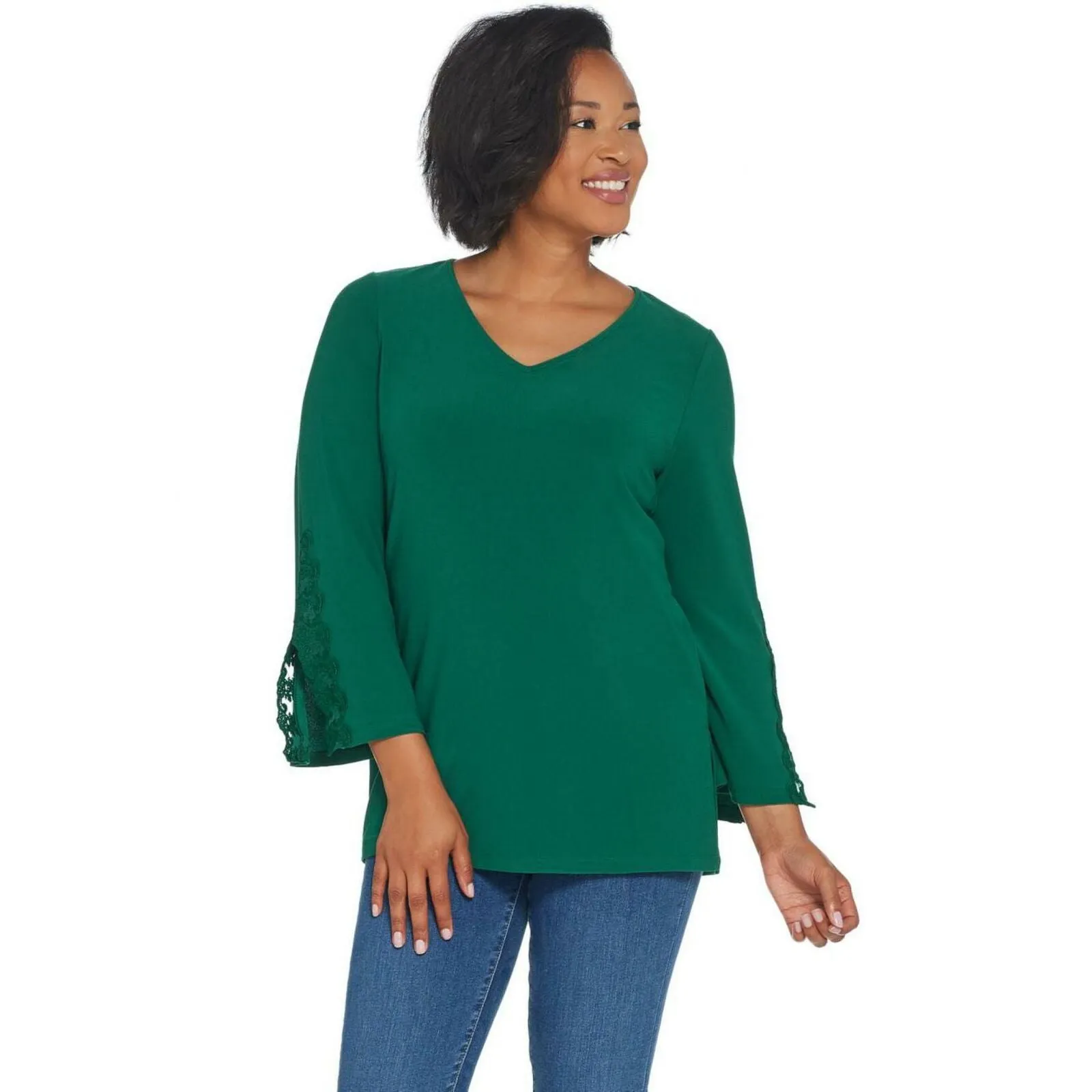 Susan Graver Women's Textured Liquid Knit Tunic Top With Lace Trim