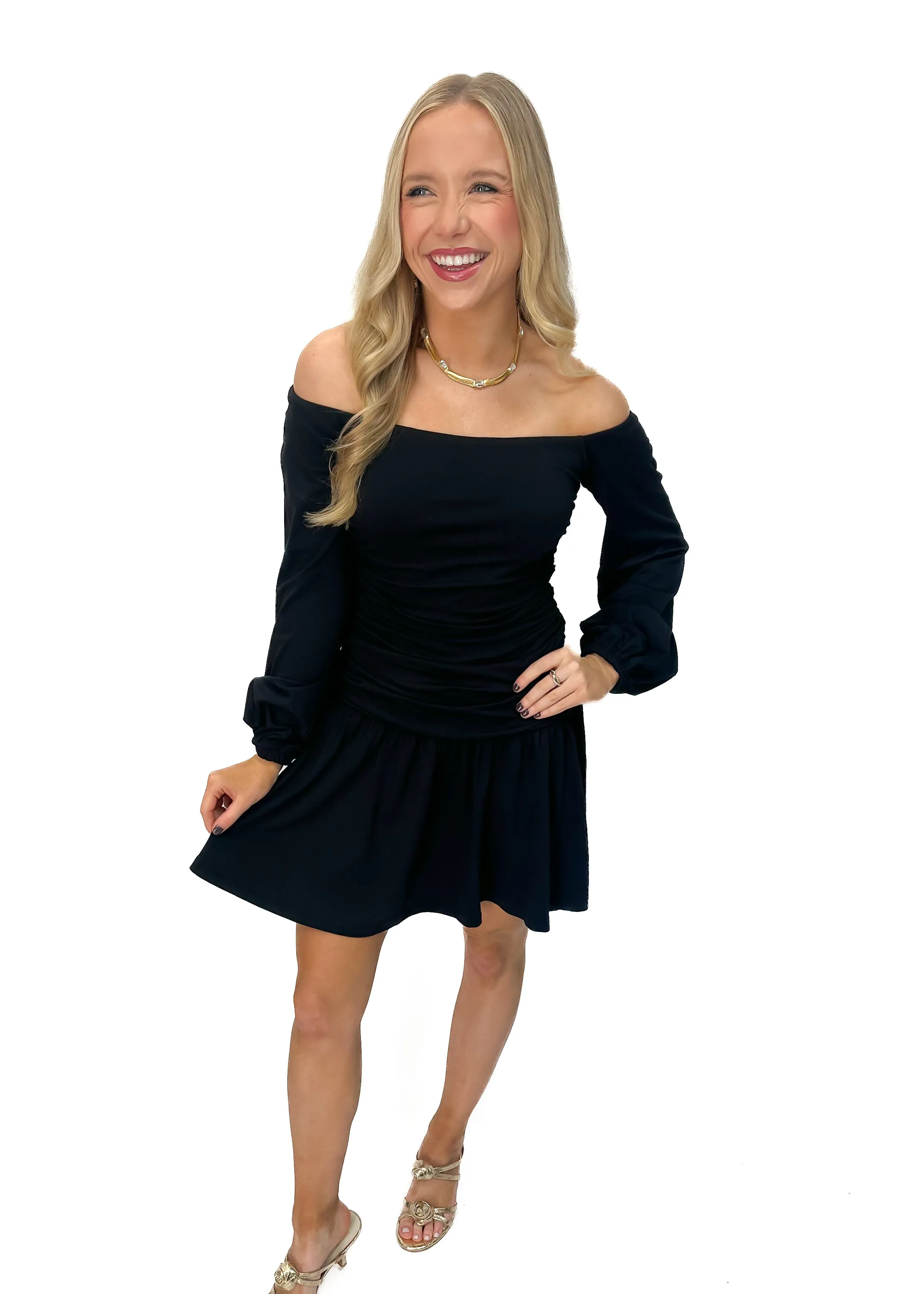 Susana Monaco Off Shoulder Poet Low Waist Dress - Black
