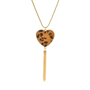 Tan Polyurethane & 18K Gold-Plated Leopard Heart Tassel Pendant Necklace