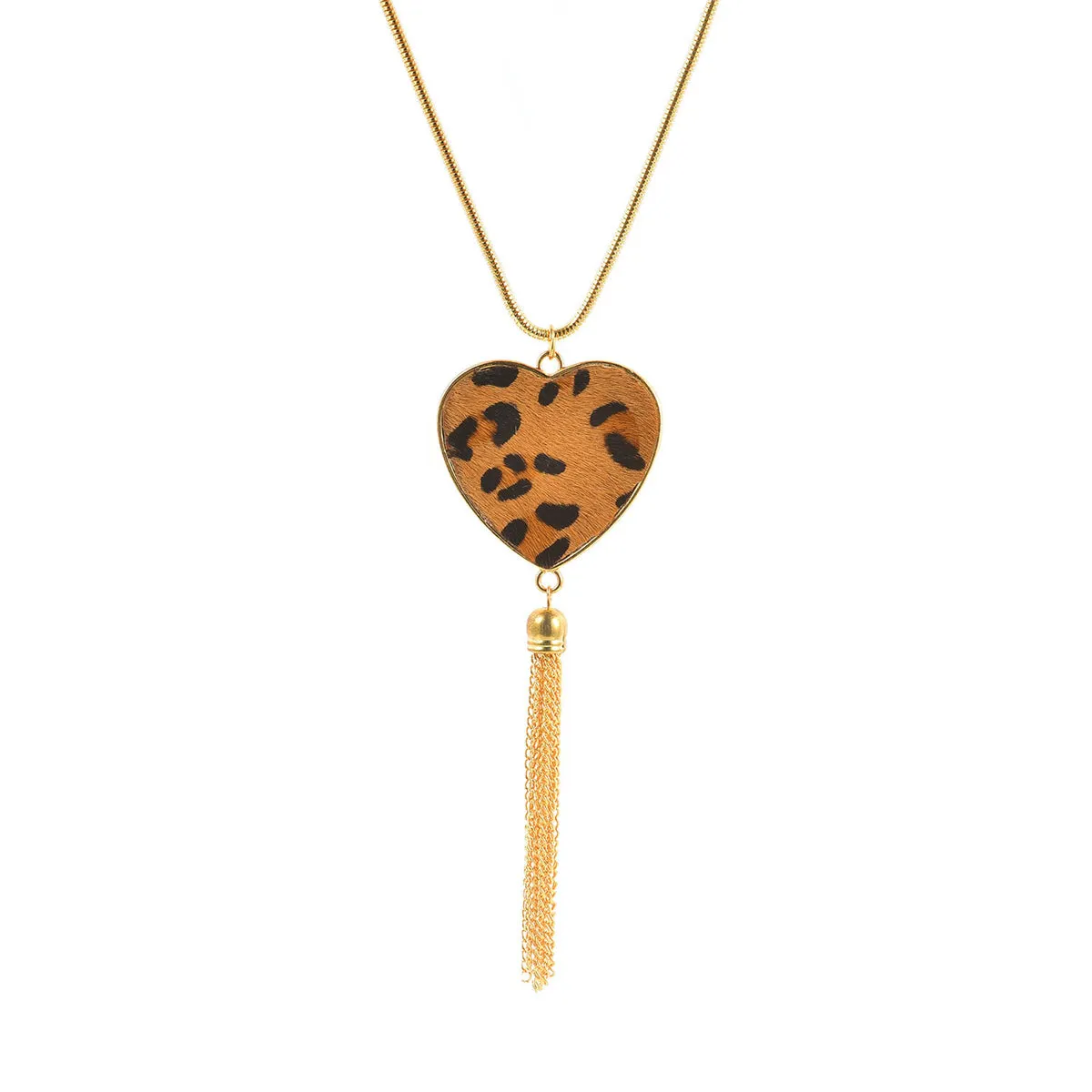 Tan Polyurethane & 18K Gold-Plated Leopard Heart Tassel Pendant Necklace