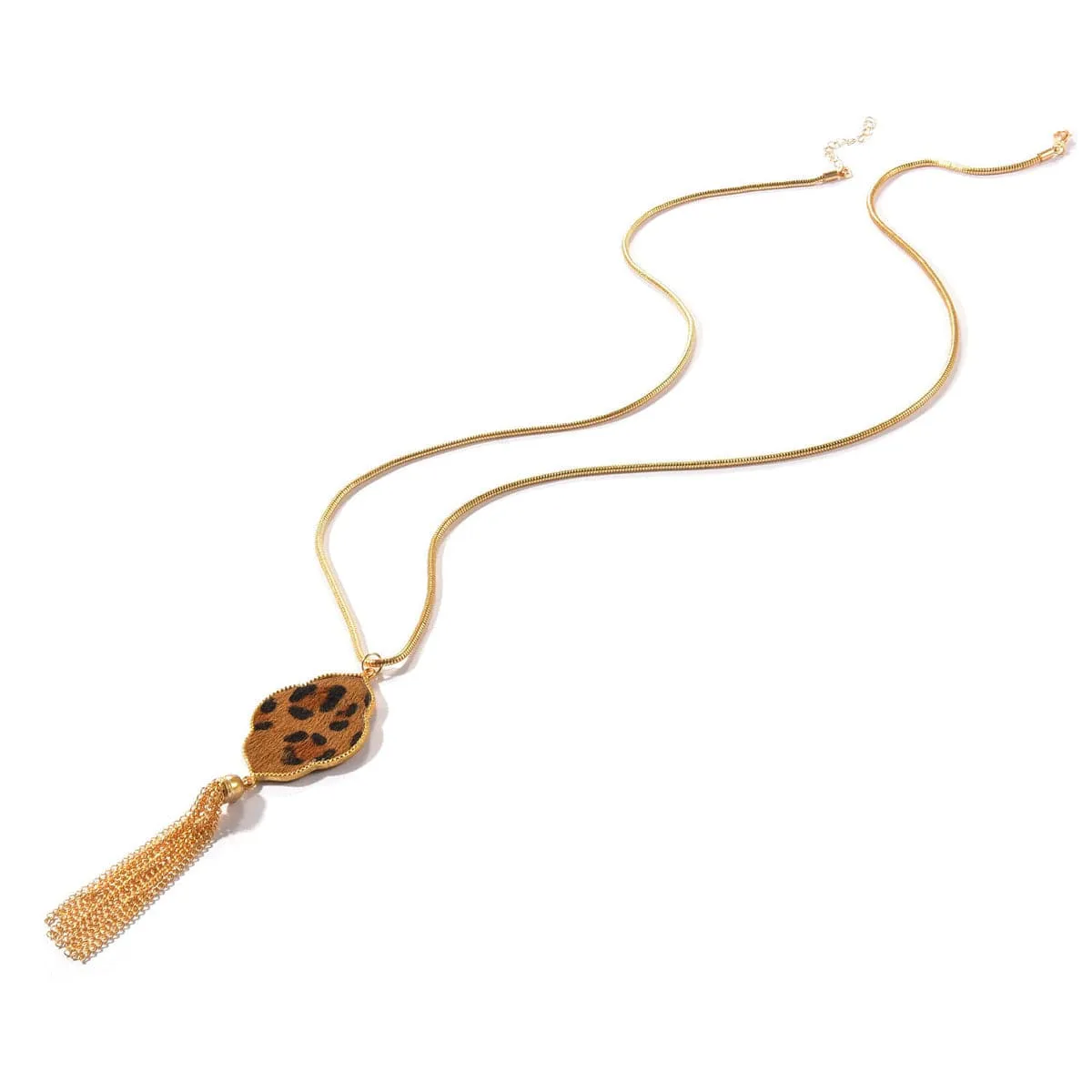 Tan Polyurethane & 18K Gold-Plated Leopard Lattice Tassel Pendant Necklace