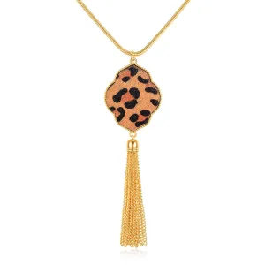 Tan Polyurethane & 18K Gold-Plated Leopard Lattice Tassel Pendant Necklace