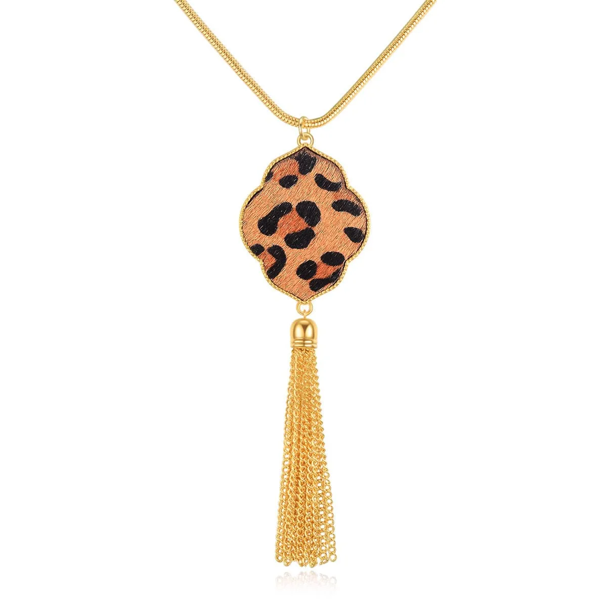 Tan Polyurethane & 18K Gold-Plated Leopard Lattice Tassel Pendant Necklace