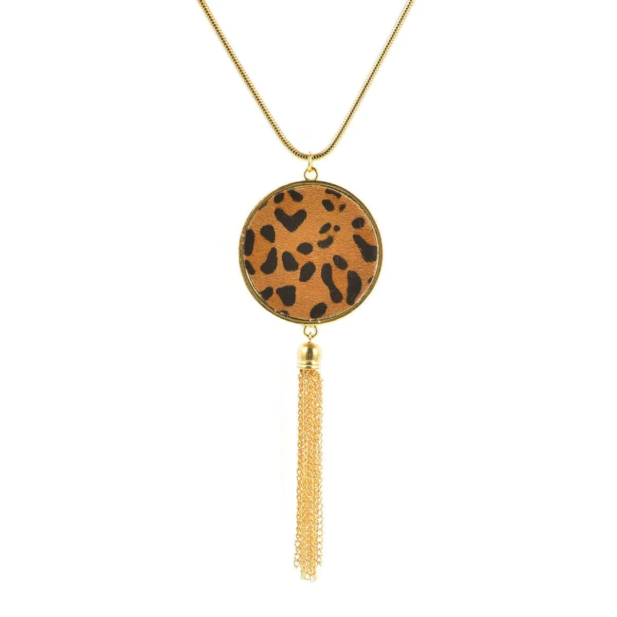 Tan Polyurethane & 18K Gold-Plated Leopard Round Tassel Pendant Necklace