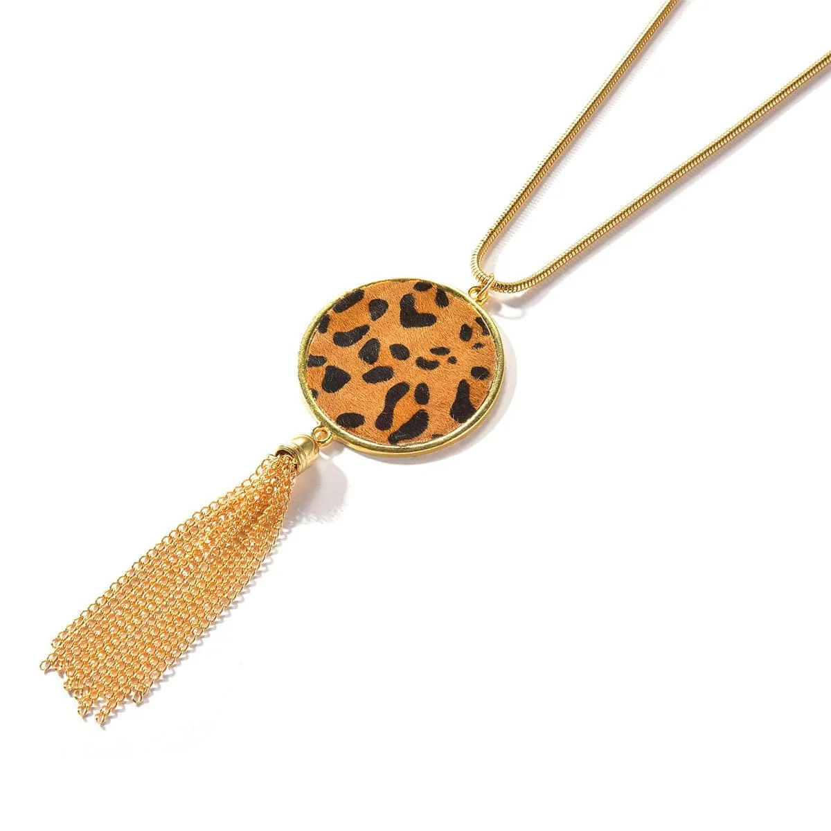 Tan Polyurethane & 18K Gold-Plated Leopard Round Tassel Pendant Necklace