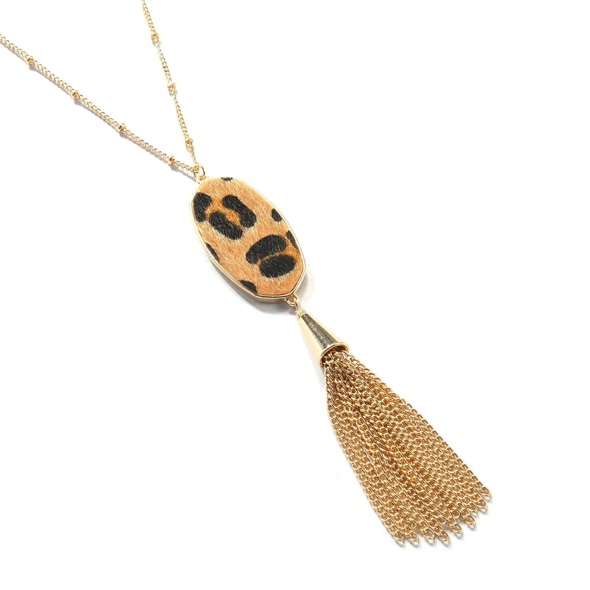 Tan Polyurethane & 18K Gold-Plated Slender Oval Tassel Pendant Necklace