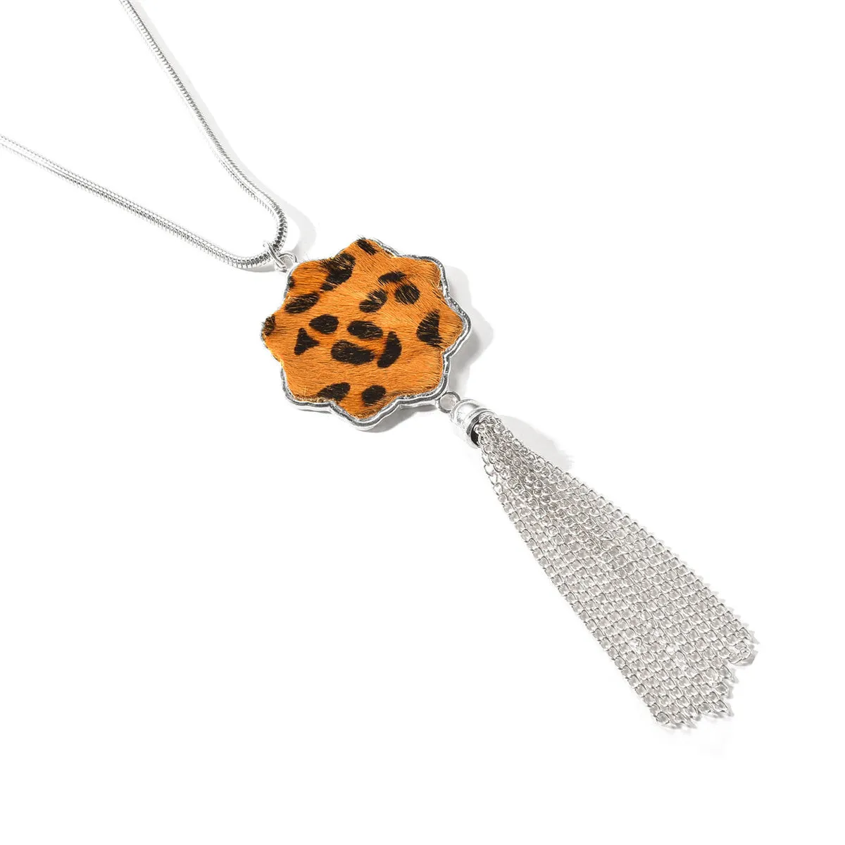 Tan Polyurethane & Silver-Plated Leopard Flower Tassel Pendant Necklace