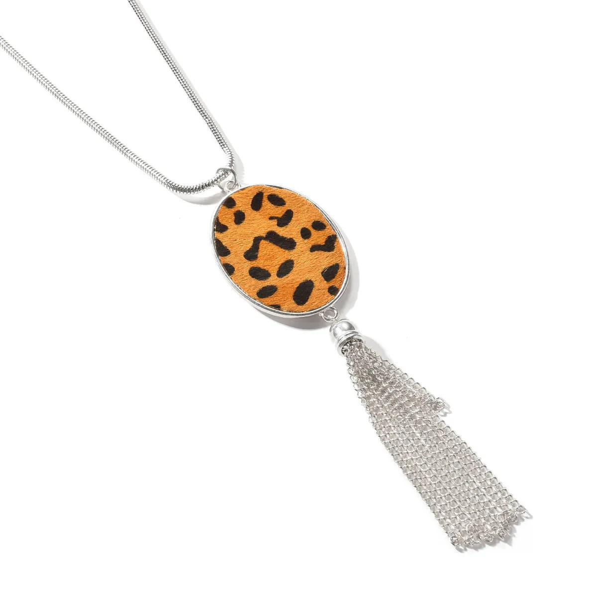 Tan Polyurethane & Silver-Plated Leopard Oval Tassel Pendant Necklace
