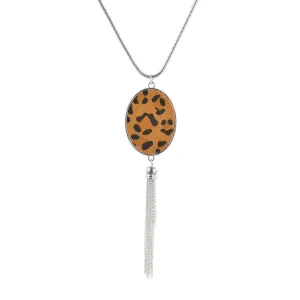 Tan Polyurethane & Silver-Plated Leopard Oval Tassel Pendant Necklace