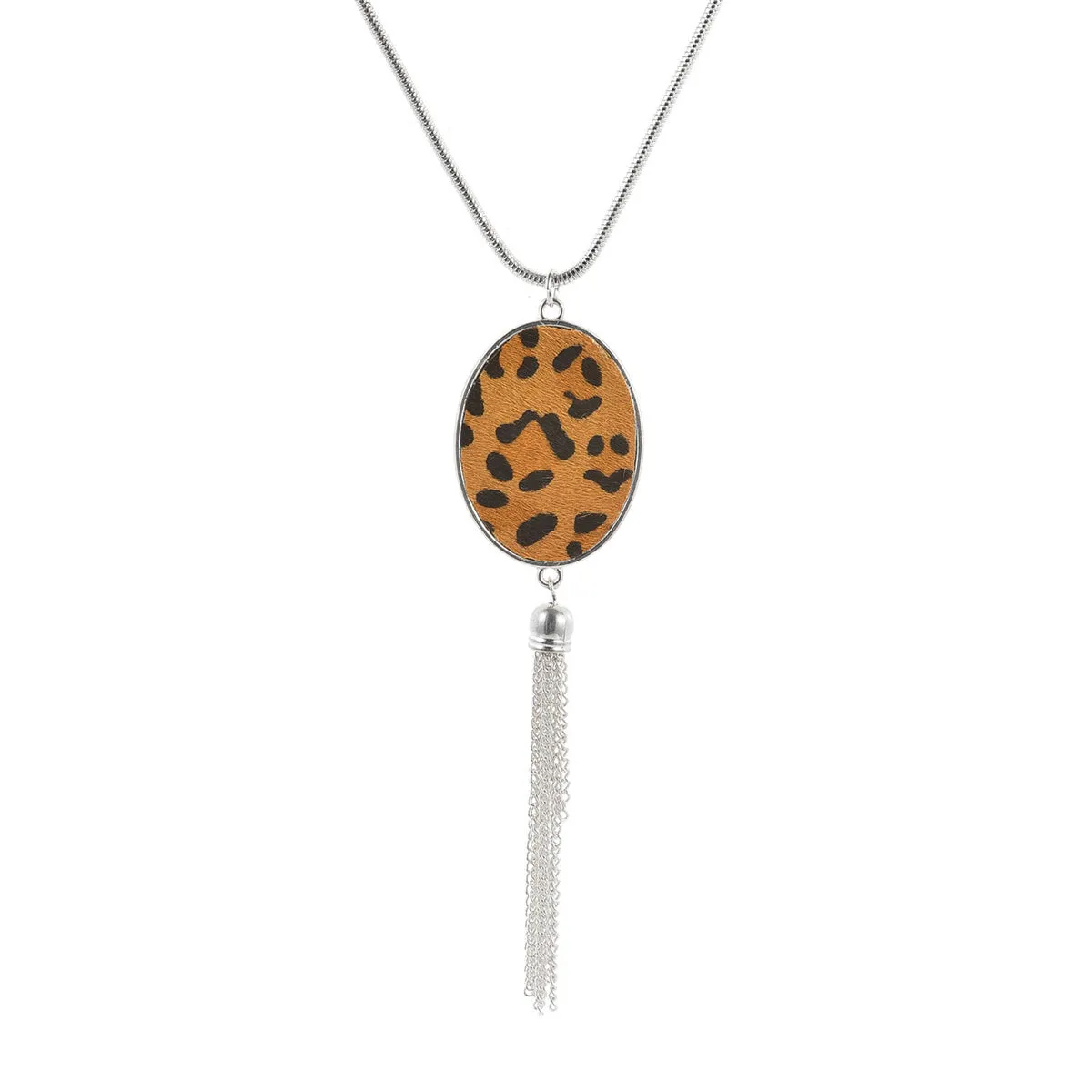 Tan Polyurethane & Silver-Plated Leopard Oval Tassel Pendant Necklace