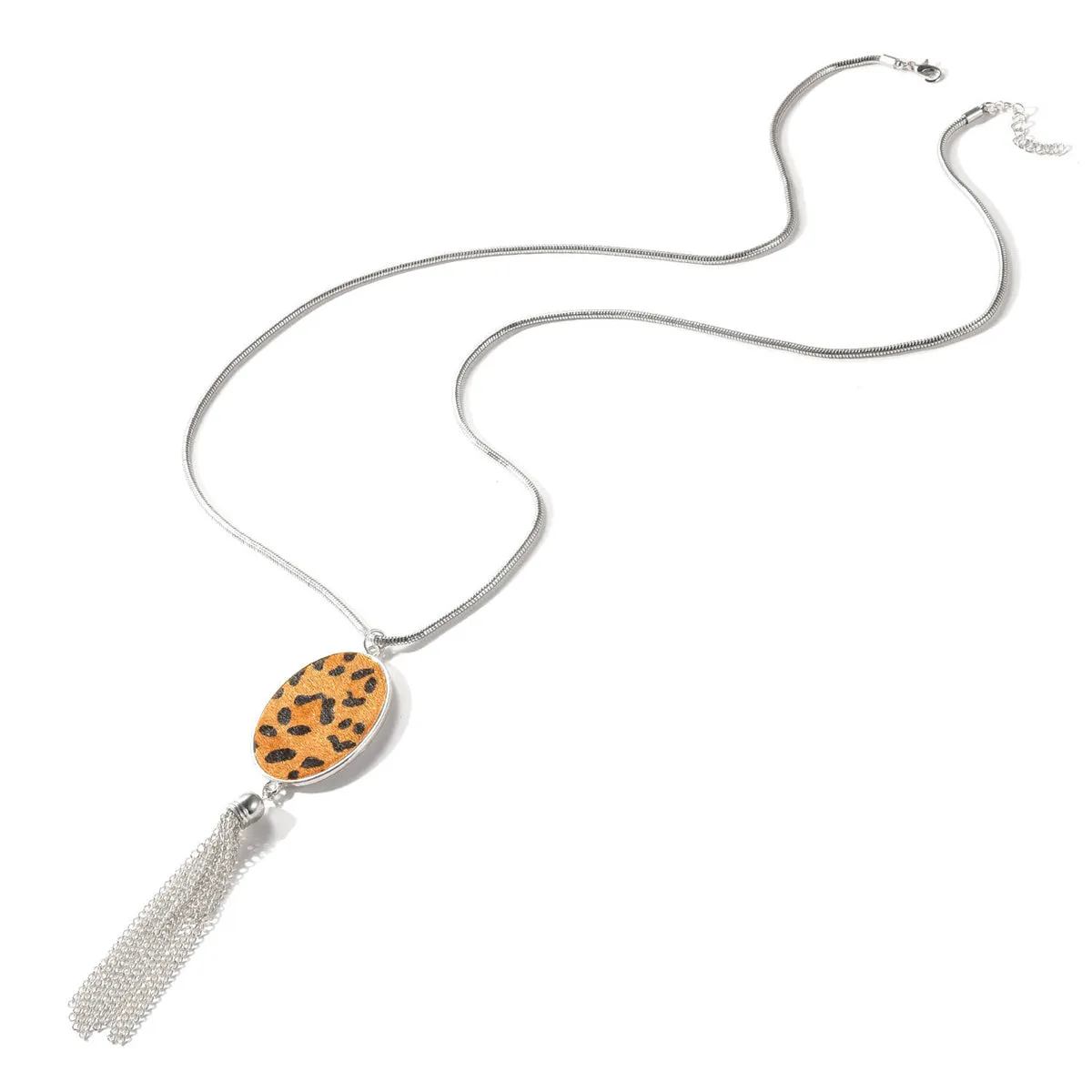 Tan Polyurethane & Silver-Plated Leopard Oval Tassel Pendant Necklace
