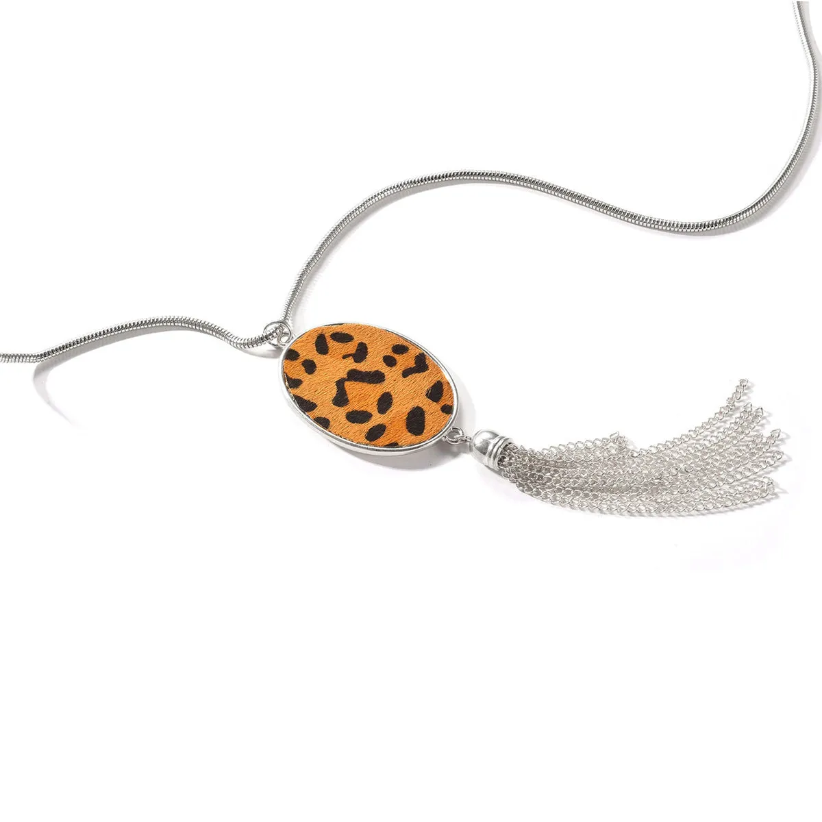 Tan Polyurethane & Silver-Plated Leopard Oval Tassel Pendant Necklace