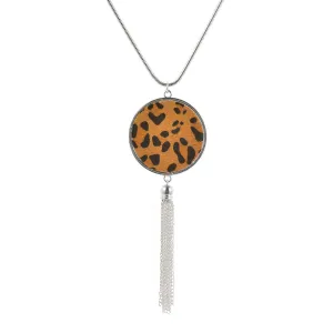 Tan Polyurethane & Silver-Plated Leopard Round Tassel Pendant Necklace
