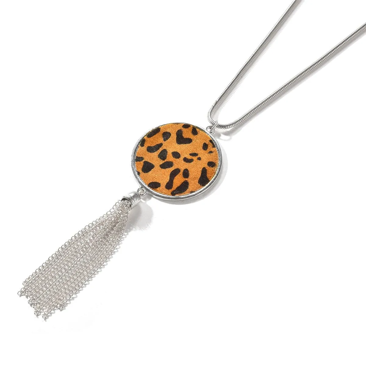 Tan Polyurethane & Silver-Plated Leopard Round Tassel Pendant Necklace