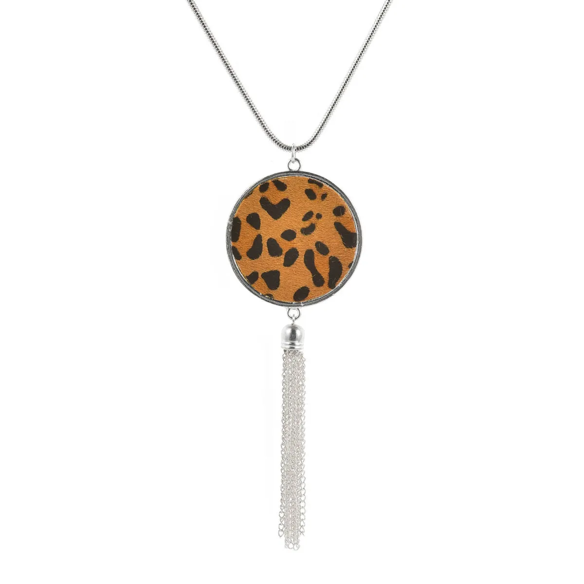 Tan Polyurethane & Silver-Plated Leopard Round Tassel Pendant Necklace