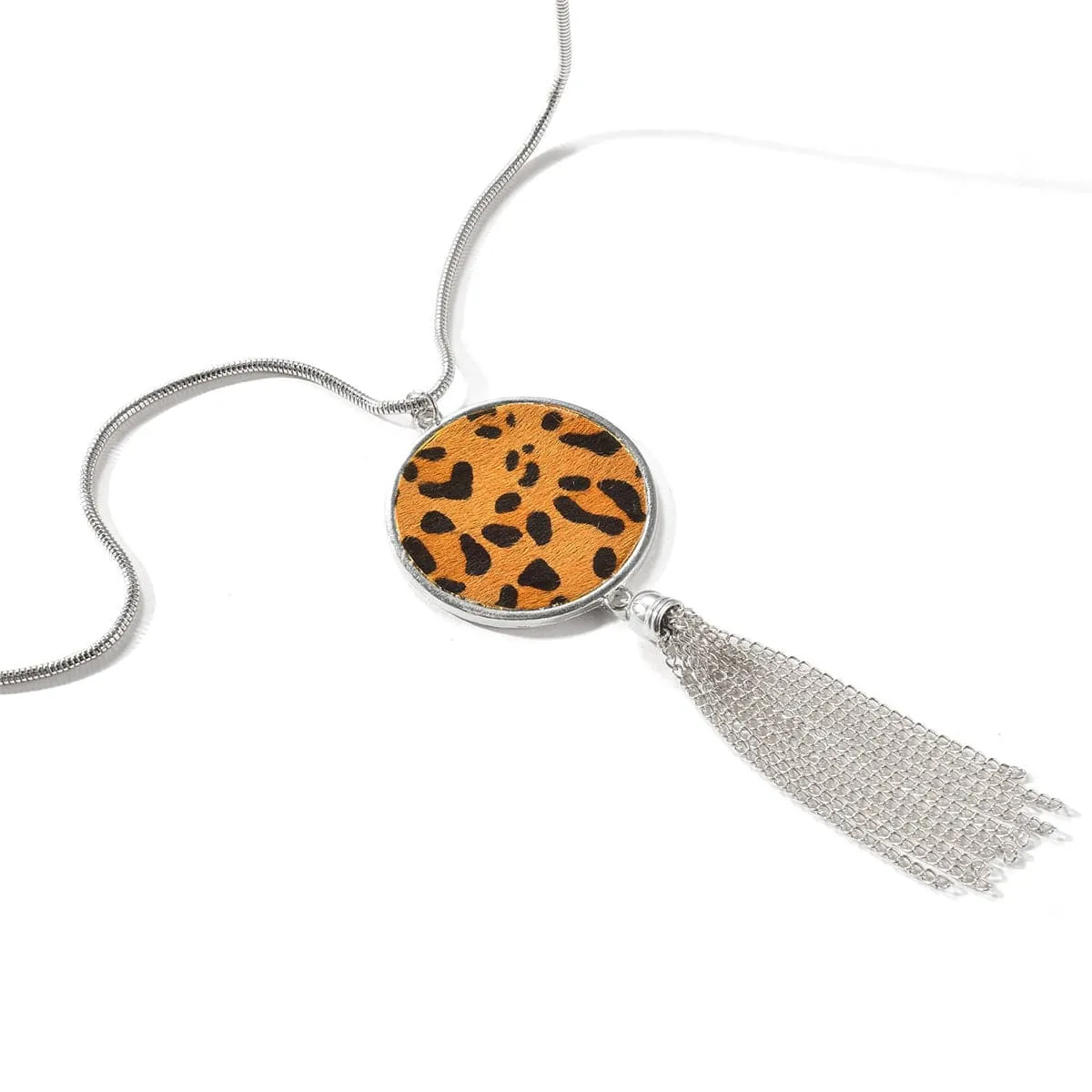 Tan Polyurethane & Silver-Plated Leopard Round Tassel Pendant Necklace