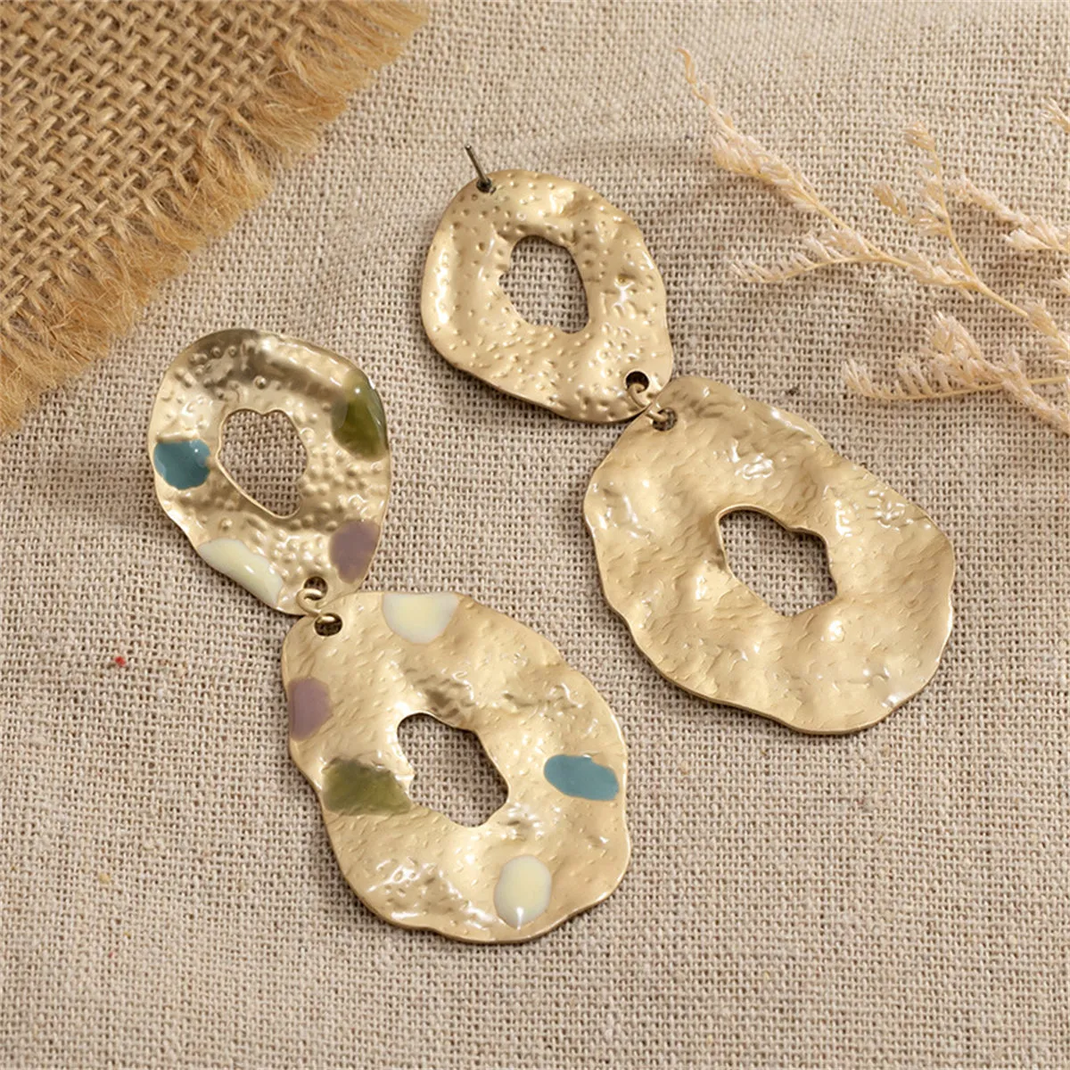 Taupe Enamel & 18K Gold-Plated Textured Oval Drop Earrings