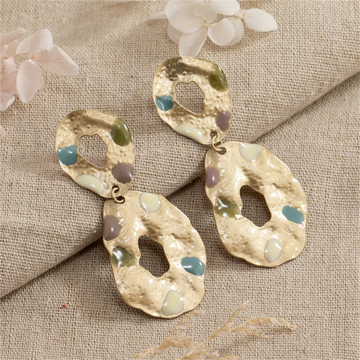 Taupe Enamel & 18K Gold-Plated Textured Oval Drop Earrings