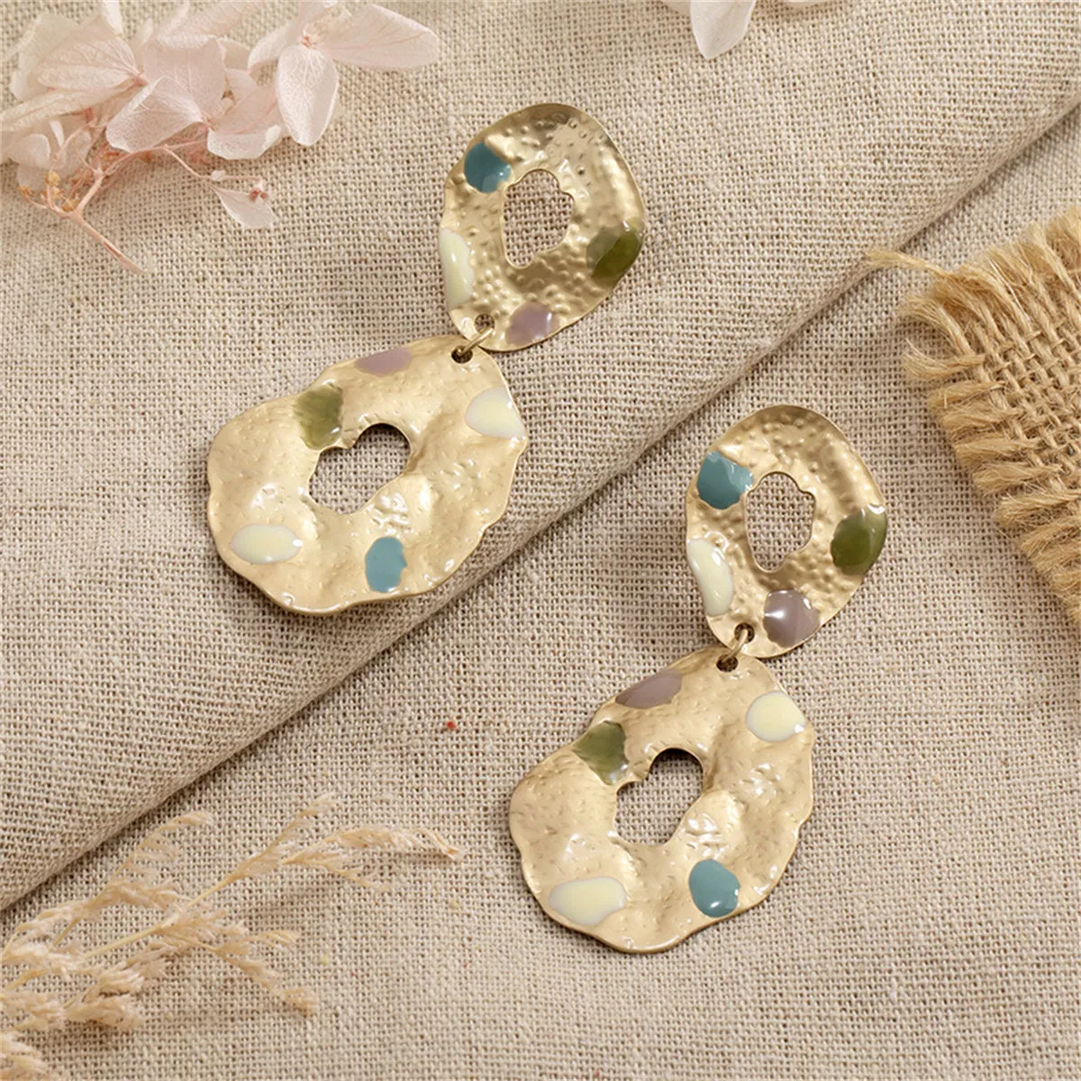 Taupe Enamel & 18K Gold-Plated Textured Oval Drop Earrings